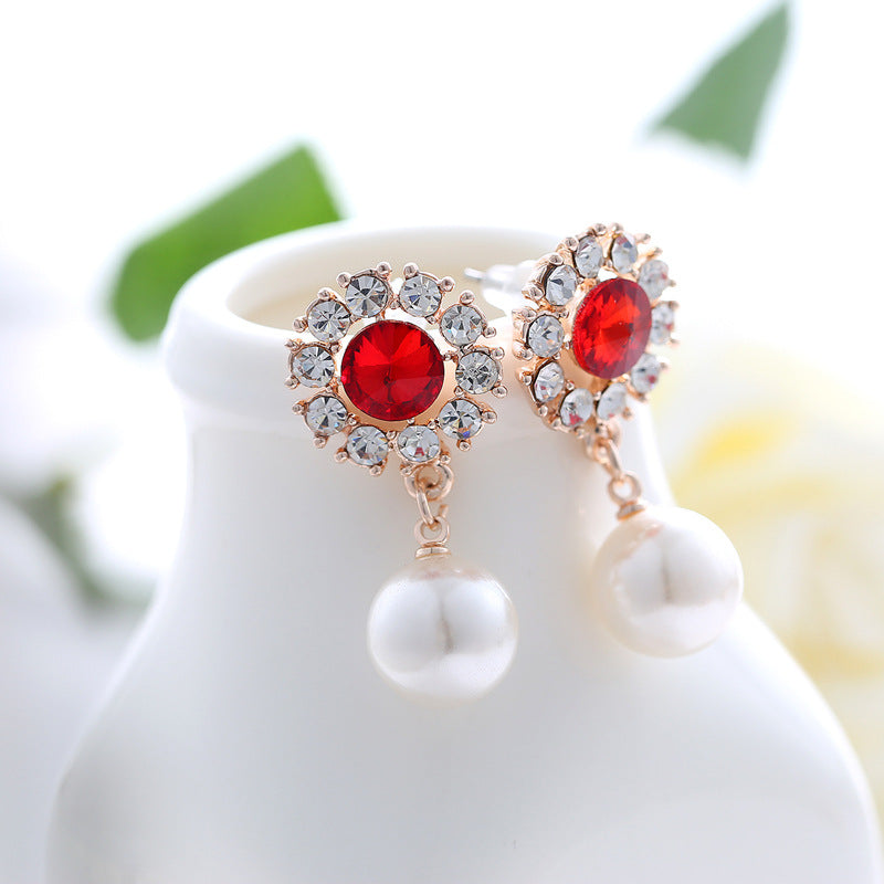 Sparkling Crystal Diamond Pearl Stud Earrings