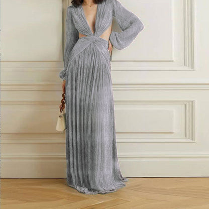 V-Neck Long Sleeve Sparkling Evening Dress