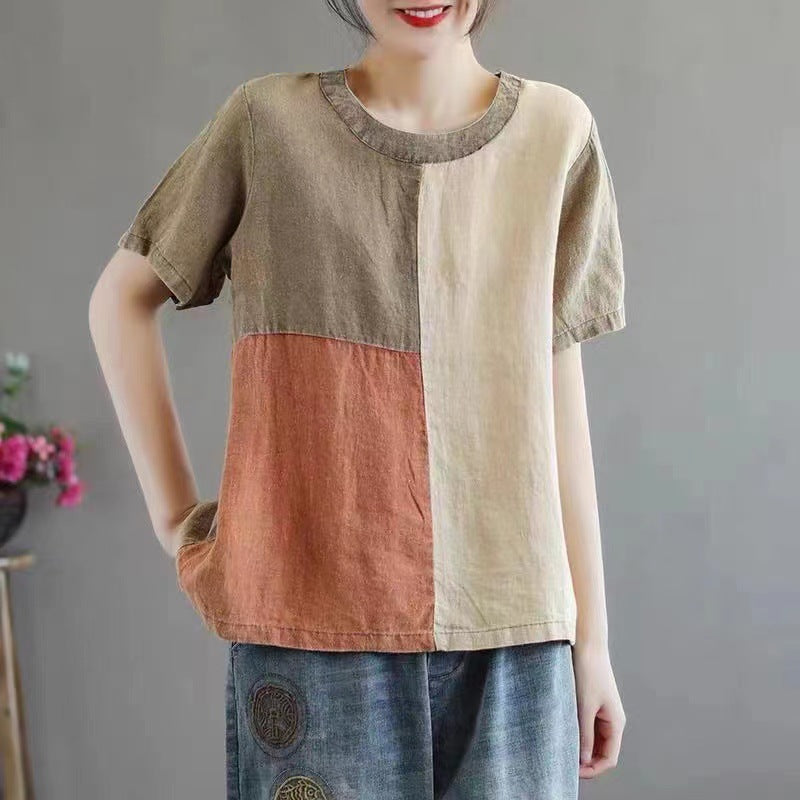 Cotton Linen Contrast Color T-shirt Artistic Design Half Sleeve Women