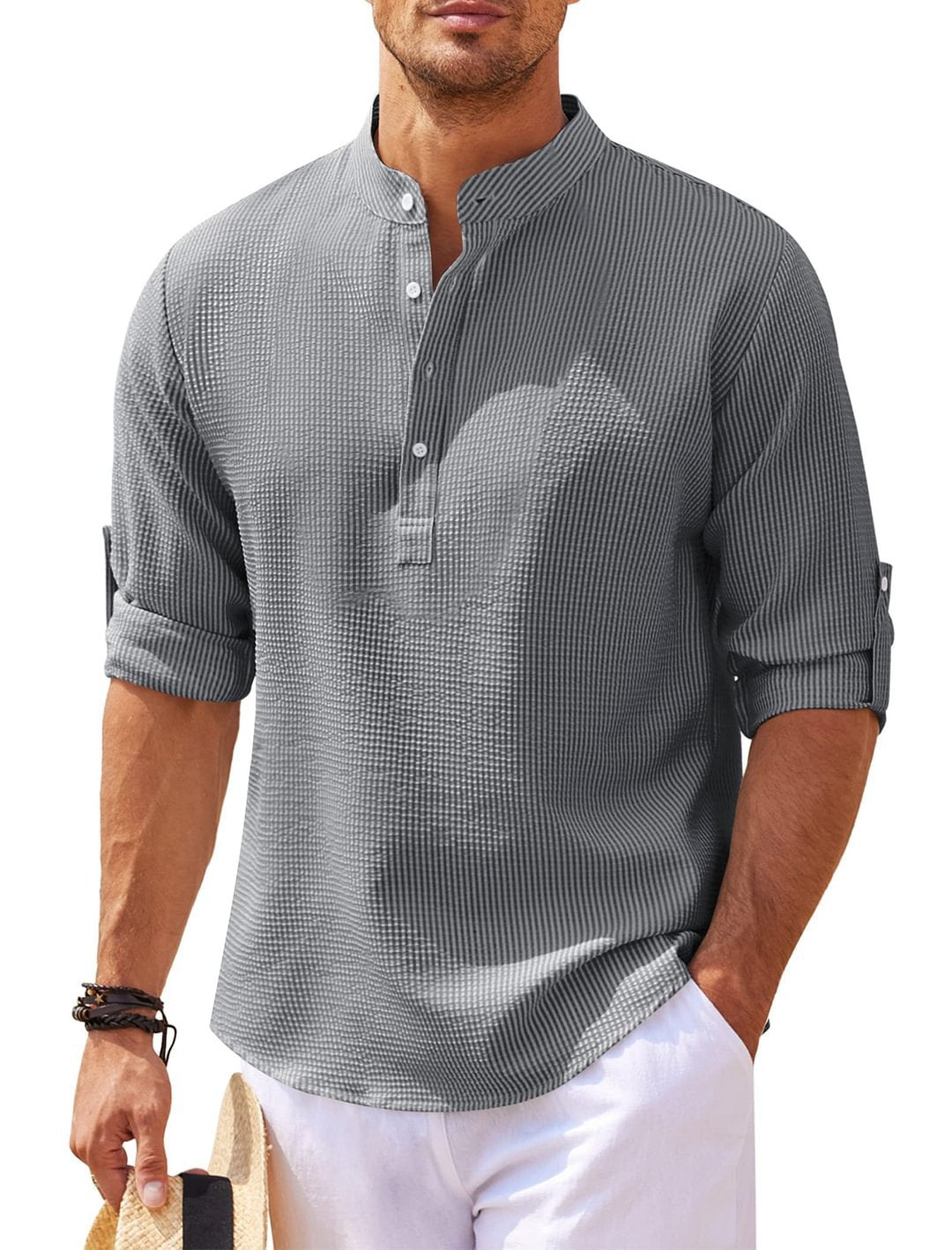 Men's Casual Shirt  Long Sleeve Stand Collar Solid Color Shirt Mens Clothing