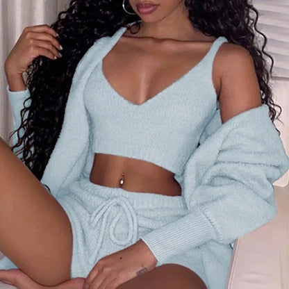 3-Piece Women's Long Sleeve Crop, Tank Top, and Drawstring Shorts Pajama Set