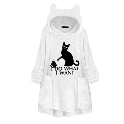 Hooded Pullover Cat Print Long Sleeved Reversible Velvet Sweater