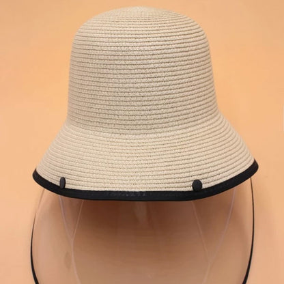 Contrast Trim Straw Hat With Detachable Face Shield