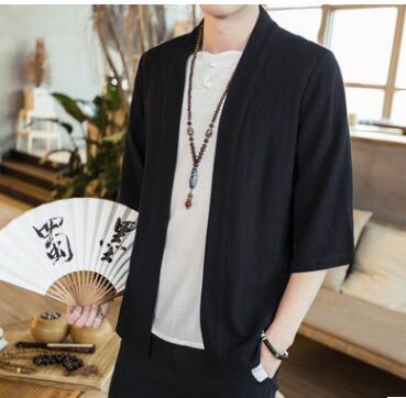 Summer men's Chinese style cotton and linen solid color Hanfu seven-point sleeve cardigan shirt men's fashion trend shirt