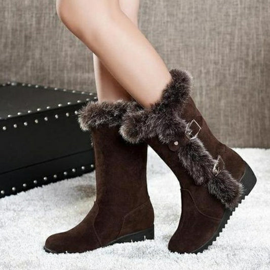 Brown Women's Slip-On Mid-Calf Winter Boots with Warm Fur Lining and Round Toe