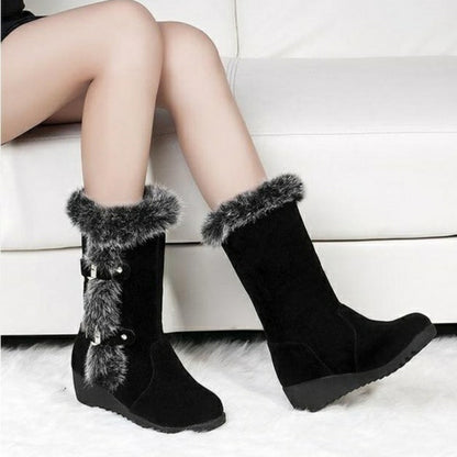 Brown Women's Slip-On Mid-Calf Winter Boots with Warm Fur Lining and Round Toe