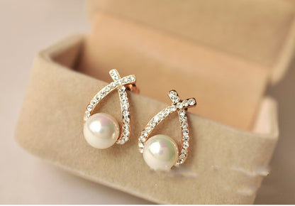 Cross Pearl Sparkling Diamond Stud Earrings Exquisite Fashion