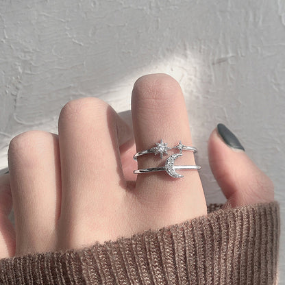 Sparkling Diamond Star Moon Opening Ring