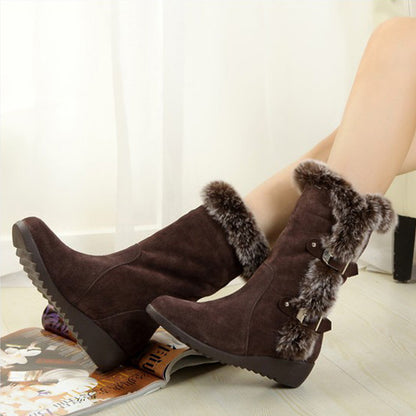 Brown Women's Slip-On Mid-Calf Winter Boots with Warm Fur Lining and Round Toe