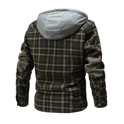 Men Warm Jacket Fleece Lining Lumberjack Plaid Hooded Jackets Snap Button