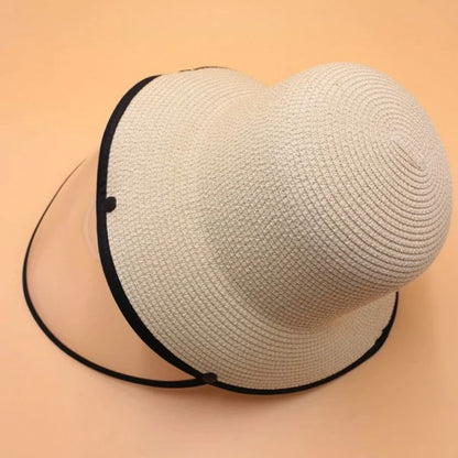 Contrast Trim Straw Hat With Detachable Face Shield