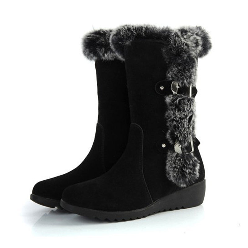 Brown Women's Slip-On Mid-Calf Winter Boots with Warm Fur Lining and Round Toe