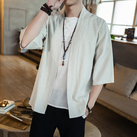 Summer men's Chinese style cotton and linen solid color Hanfu seven-point sleeve cardigan shirt men's fashion trend shirt