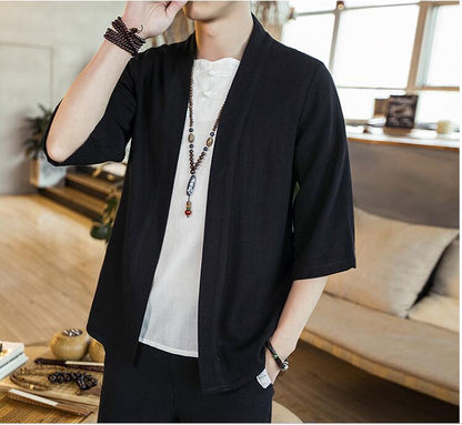 Summer men's Chinese style cotton and linen solid color Hanfu seven-point sleeve cardigan shirt men's fashion trend shirt