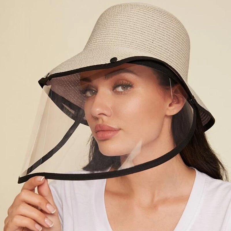 Contrast Trim Straw Hat With Detachable Face Shield