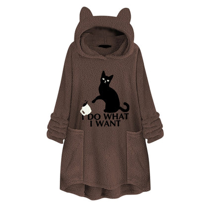 Hooded Pullover Cat Print Long Sleeved Reversible Velvet Sweater