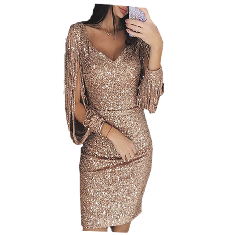 V-neck sparkling tassel long-sleeved slim hip dress