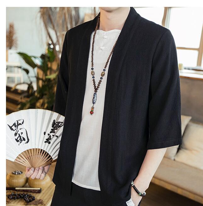 Summer men's Chinese style cotton and linen solid color Hanfu seven-point sleeve cardigan shirt men's fashion trend shirt