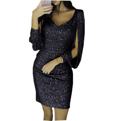 V-neck sparkling tassel long-sleeved slim hip dress