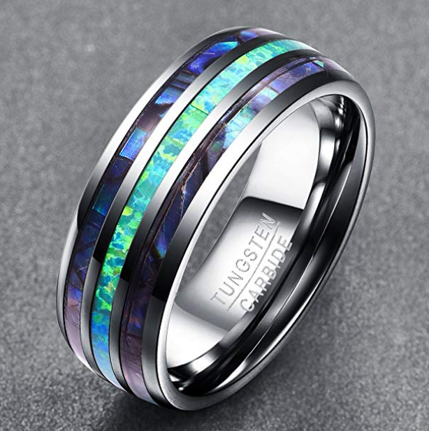 Nuncad 8mm Tungsten Caibide Wedding Ring Band Abalone Shell And Synthetic Opal For Men And Women