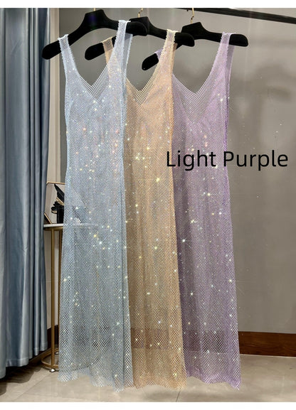 Rhinestone Mesh Base Slim Sparkling Long Skirt Girl