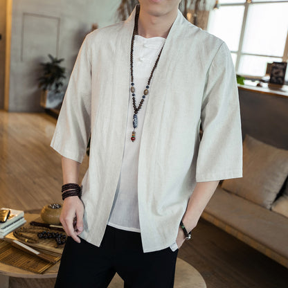 Summer men's Chinese style cotton and linen solid color Hanfu seven-point sleeve cardigan shirt men's fashion trend shirt