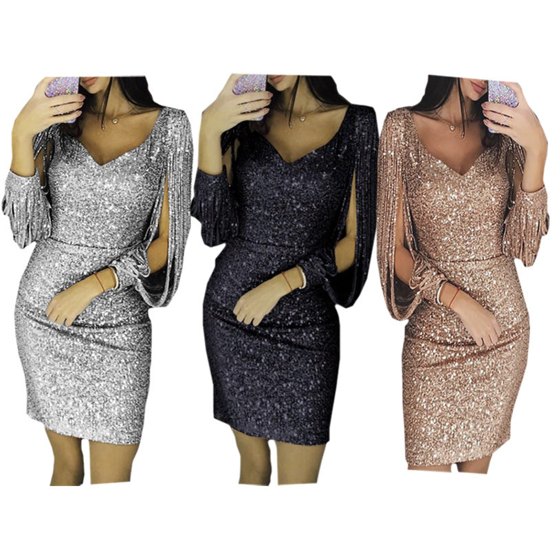 V-neck sparkling tassel long-sleeved slim hip dress