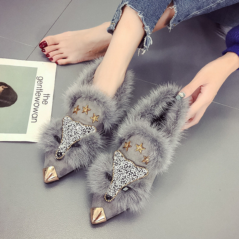 Pointed Toe, Flat Heel Fur Shoes