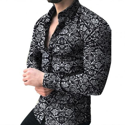 Lapel printed long-sleeved casual floral shirt