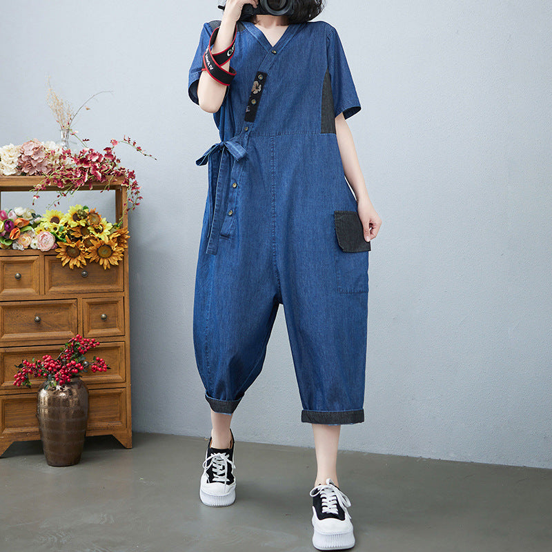 Women's Fashion Drawstring Denim Jumpsuit