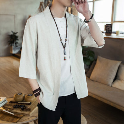 Summer men's Chinese style cotton and linen solid color Hanfu seven-point sleeve cardigan shirt men's fashion trend shirt