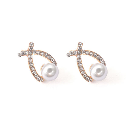 Cross Pearl Sparkling Diamond Stud Earrings Exquisite Fashion