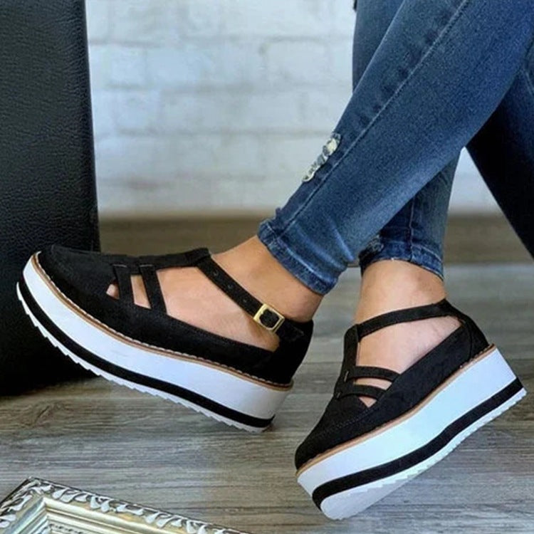 Women's Buckle Platform Sandals with Round Toe and Hollow Design