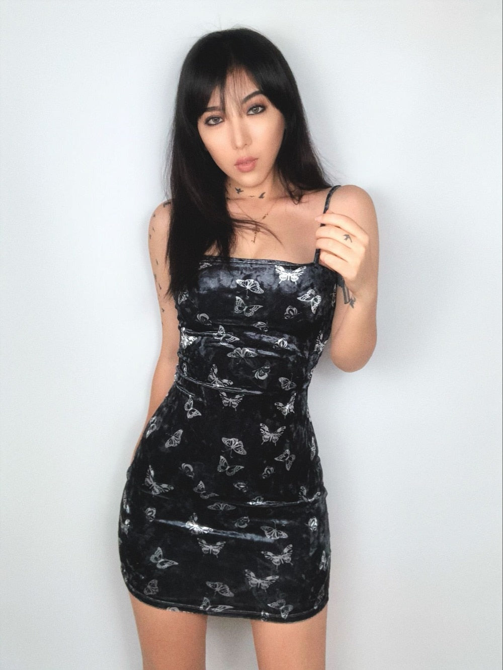 Sexy vintage retro velvet butterfly dress tight club mini dress black strap dress