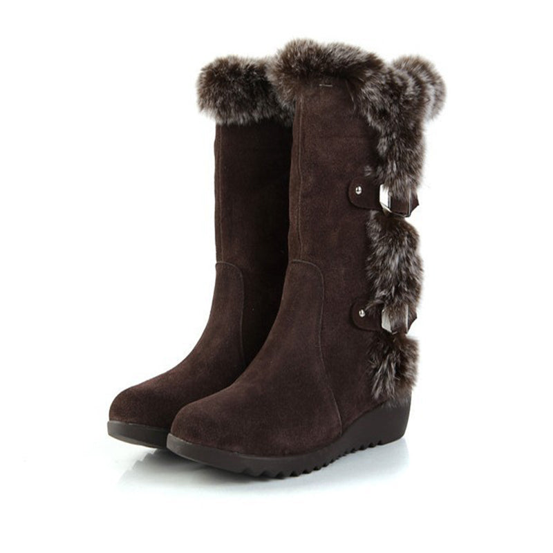 Brown Women's Slip-On Mid-Calf Winter Boots with Warm Fur Lining and Round Toe