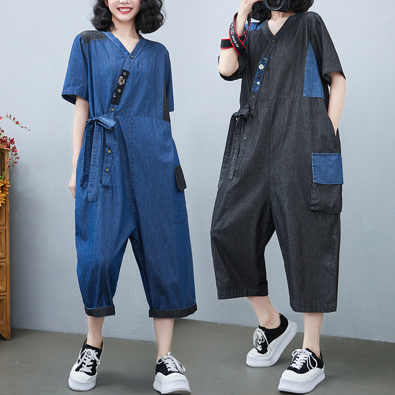 Women's Fashion Drawstring Denim Jumpsuit