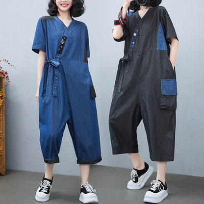 Women's Fashion Drawstring Denim Jumpsuit