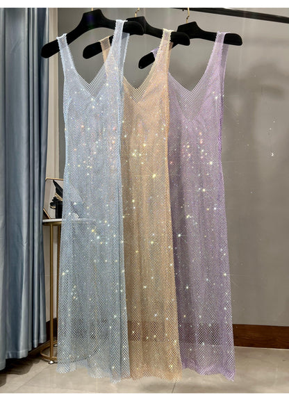 Rhinestone Mesh Base Slim Sparkling Long Skirt Girl