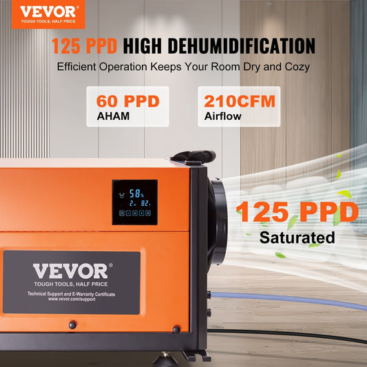 VEVOR ProDry™ 125-Pint Commercial Dehumidifier — 210 CFM • Auto-Defrost • CSA-Listed