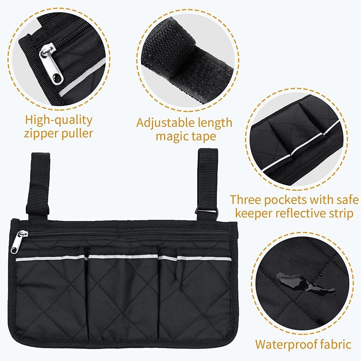 Outdoor Wheelchair Side Pouch Storage Bag Armrest Pocket Organizer Holder Pack