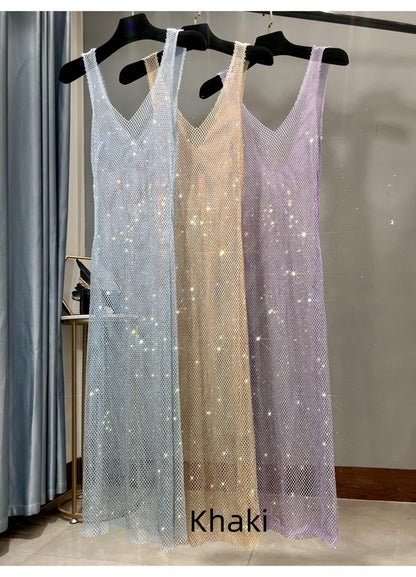 Rhinestone Mesh Base Slim Sparkling Long Skirt Girl