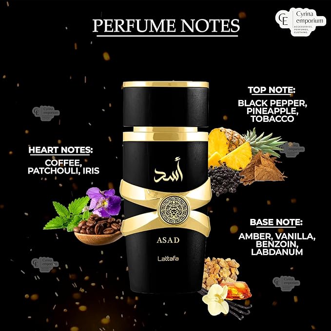 Asad Black Eau De Parfum Spray For Men - Long Lasting Imported Arabic Tone Fragrance With Notes Of Black Pepper, Pineapple, Tobacco - 3.4 Oz