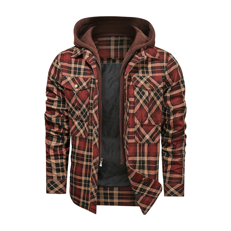 Men Long-sleeved Plaid Jacket Regular Fit Fleece Detachable Hoodies Jackets