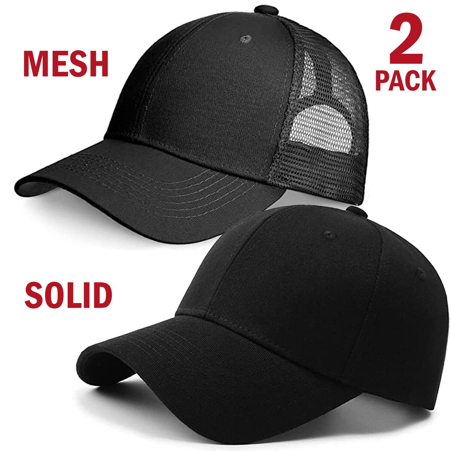 2 Pack Baseball Cap Ball Dad Hat Adjustable Plain Solid Washed Mesh Men Women