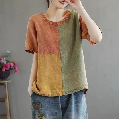 Cotton Linen Contrast Color T-shirt Artistic Design Half Sleeve Women