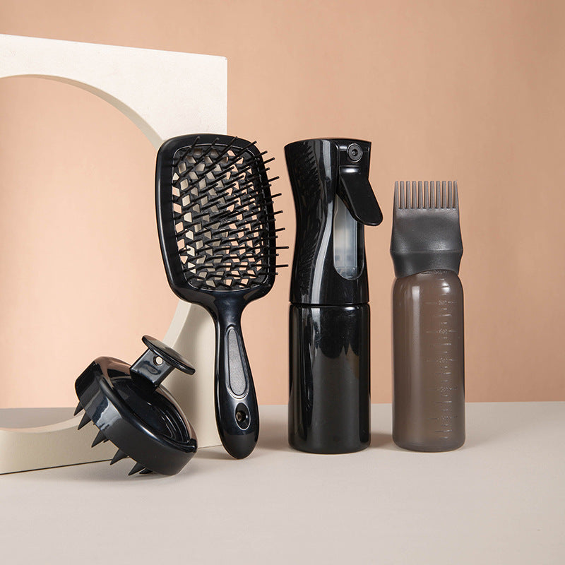 4-Piece Hair Care Kit — High-Pressure Spray Bottle, Silicone Shampoo Brush + Hollow Comb Set